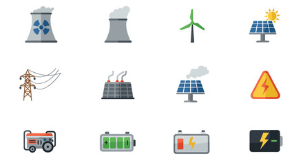 Energy source icons: solar, nuclear, wind, and electric power symbols