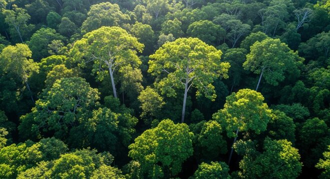 Aerial view of a lush green forest canopy with tall emergent trees bathed in sunlight displaying deep shadows
