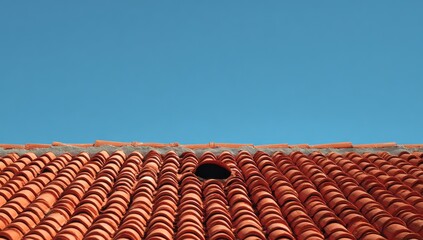 Terracotta roof tiles against a clear sky