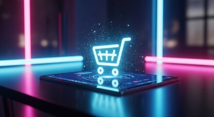 Shopping cart icon hovers above a digital tablet with glowing elements