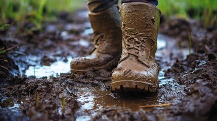 A person wearing muddy boots standing in a muddy field.