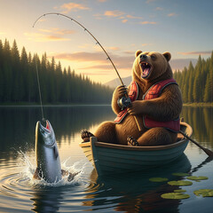A bear in a life jacket sits in a boat on a lake, holding a fishing rod as a large fish leaps out of the water, splashing excitedly.