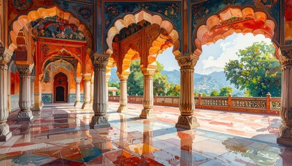 A serene courtyard, adorned with intricate arches and vibrant colors, unveils a breathtaking mountain vista.