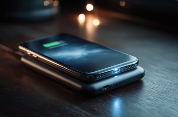 Smartphone charging on a dark wooden surface