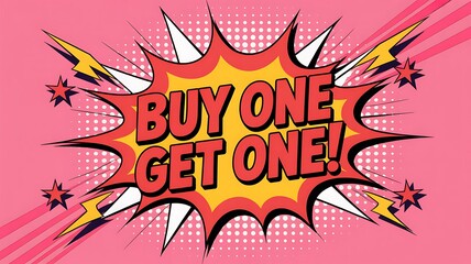 Explosive sale pop art promotion: Buy one get one free with a retro comic book style for your marketing campaign, perfect for enticing customers with a catchy, vibrant design