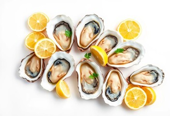 Fresh oysters arranged with lemon wedges on pristine white backdrop,  dish, oysters