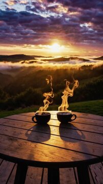 sunset in the morning, Steaming cups of coffee on an outdoor table with a beautiful landscape of mountains in the background
