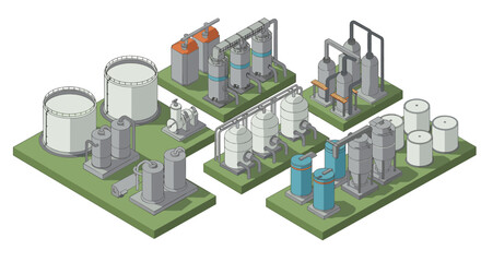 Industrial plant isometric design featuring tanks and pipelines for energy production