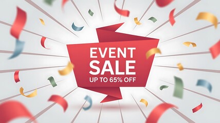 Announce your special event with this vibrant red sale banner offering up to 65% off, surrounded by joyful confetti for a memorable promotion or holiday celebration