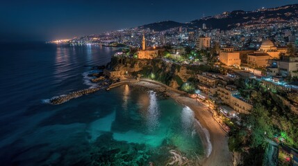 Naklejka premium Lebanon Beach. Aerial View of Beirut Architecture and Beautiful Blue Beach at Night