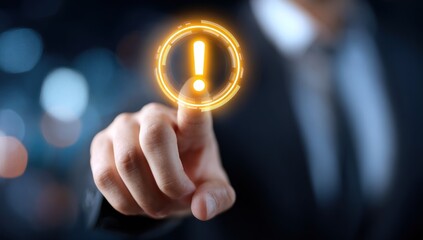Businessperson touches digital exclamation point