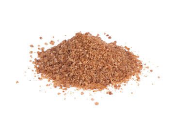 Organic coconut sugar isolated on white background. Natural sweetener, Healthy alternative to Refined White Sugar. Fresh coconut with coconut sugar.