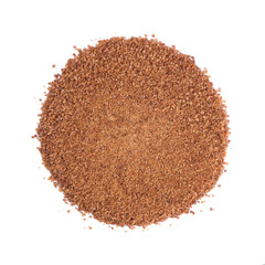 Organic coconut sugar isolated on white background. Natural sweetener, Healthy alternative to Refined White Sugar. Fresh coconut with coconut sugar.