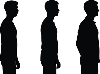 Three Black Silhouette Men Side View Standing Isolated Against White Background