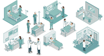 Obraz premium Isometric hospital scenes with medical professionals and patient care