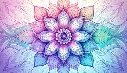 Obraz premium A vibrant, intricately detailed floral design, featuring a large, symmetrical flower with numerous delicate petals, in a stunning array of pastel colors.