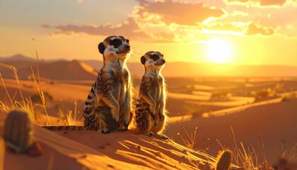 Two meerkats sit alert on a sand dune, bathed in the warm glow of a golden sunset.