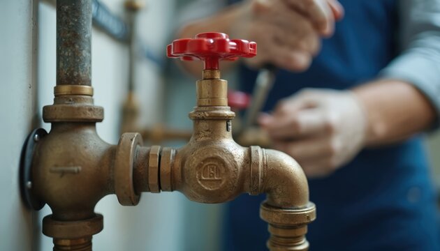 Plumber with gloves adjusts gas line valve in kitchen. Brass pipes, fittings visible. Professional plumbing service ensures safety, prevents leaks. Skilled worker performs essential home maintenance.