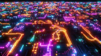 Fototapeta premium Neon city circuit board, vibrant glowing lines