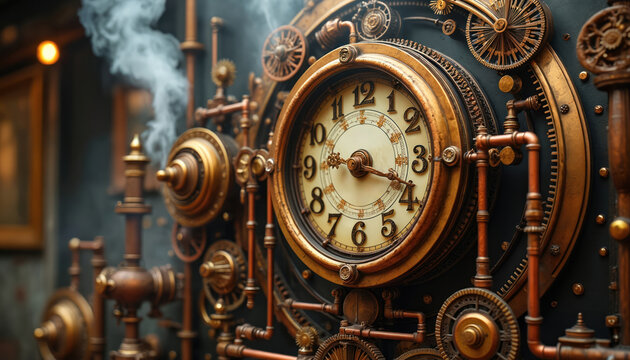 Steampunk clock intricate design with gears, brass elements, steam effects. Industrial aesthetic craftsmanship with wood, copper details. Mechanical horologe evokes vintage, retro, clockwork fantasy.
