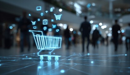 Digital shopping cart graphic overlayed on a busy mall interior