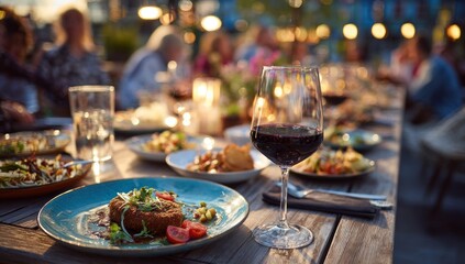 Outdoor dining, warm evening, gathering