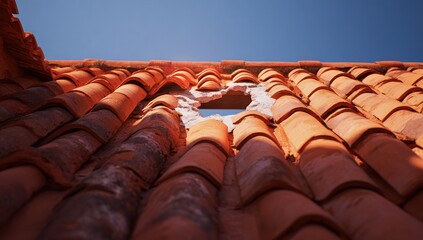 Roof tiles with a hole.  Low angle view