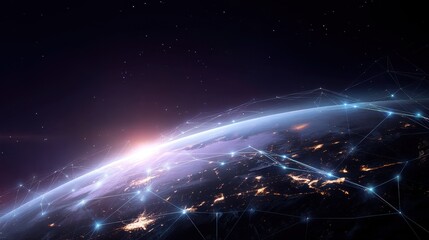 Obraz premium Global network connection concept with planet Earth from space showing city lights at night and a futuristic technology overlay