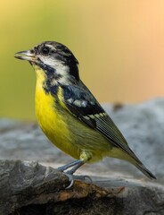 Obraz premium Small Yellow Bird with Black Markings Perched on Stone Against Warm Golden Background - Wildlife Portrait