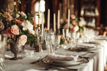 Elegant table setting with floral arrangements
