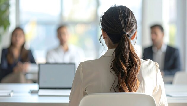 Candidate's back facing blurred interview panel in modern office