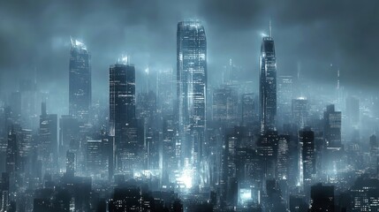 Obraz premium Futuristic city skyline at night, shrouded in mist