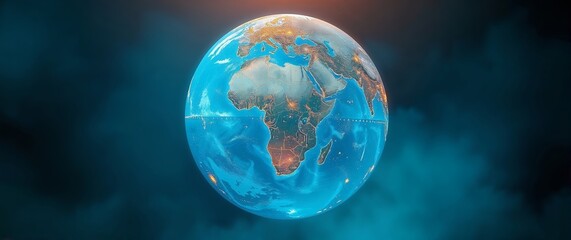 Hologram of planet earth rotating in space with illuminated cities and connections between them