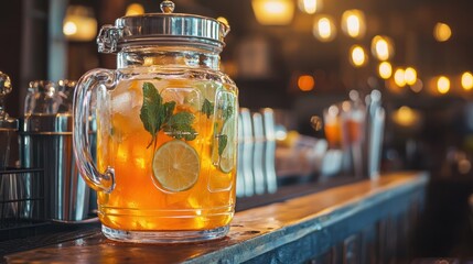 A glass pitcher filled with a vibrant orange beverage, garnished with fresh mint leaves and a slice of lime, 