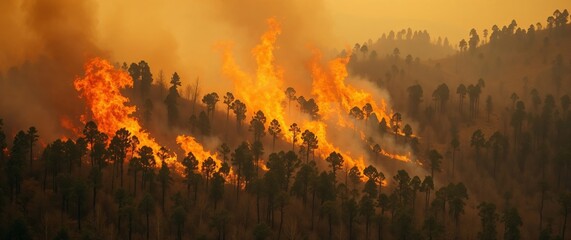 Wildfire burning through forest on mountainside during sunset