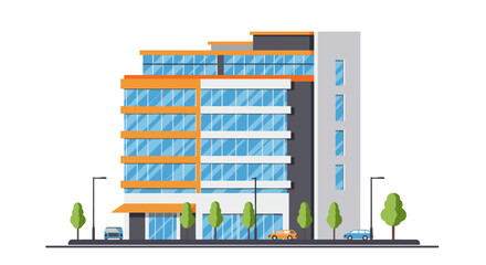 Modern office building with glass facade and street elements in flat style