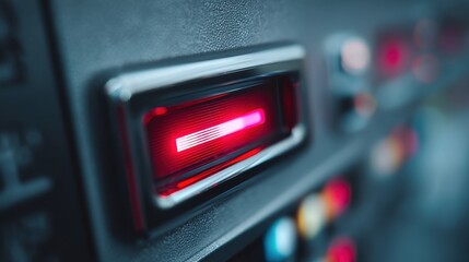 Naklejka premium Close-up of a glowing red indicator light on a futuristic machine control panel with a chrome bezel and textured surface