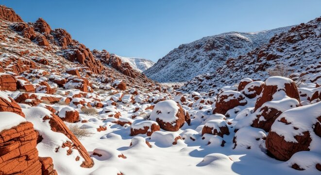 Snowy desert valley with red rocks under a clear blue sky in winter scene - Powered by Adobe
