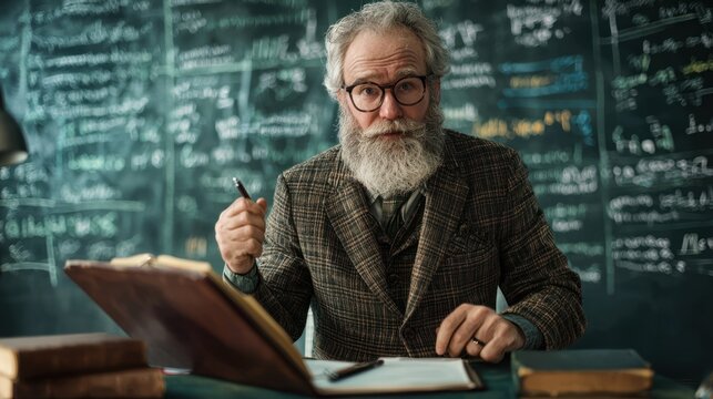 An elderly man with a beard and glasses sitting at a desk in front of a chalkboard with mathematical equations.