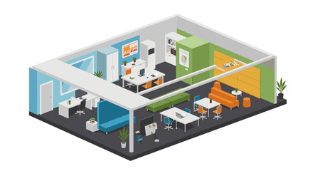 Modern office space in isometric design with open workstations and vibrant colors