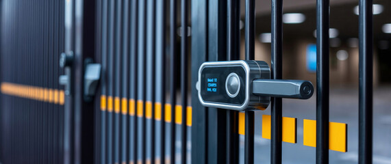Electronic lock securing gate to parking garage with digital display showing access information