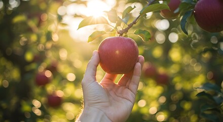 A hand gently plucks a ripe red apple from a sun-drenched orchard branch, with soft bokeh lights in the background.