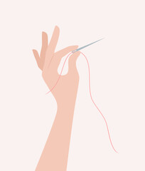 Hand holding needle with red thread, flat vector illustration