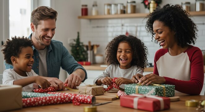 A joyful family moment, wrapped in festive preparations. Capturing the heartwarming scene of parents and children together, wrapping gifts with excitement. - Powered by Adobe