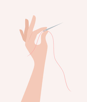 Hand holding needle with red thread, flat vector illustration