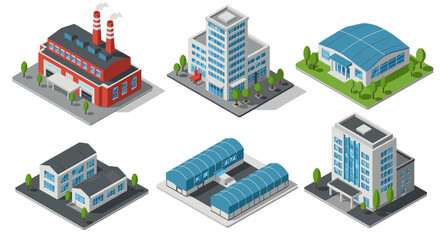 Isometric building collection featuring factories, offices, industrial warehouses, and modern architecture
