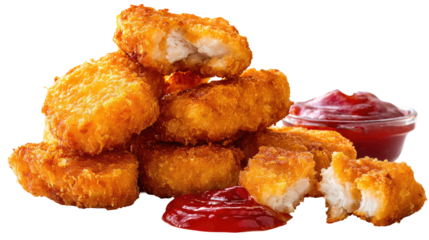 Set of golden brown chicken nuggets breaded battered deep fried on transparent background