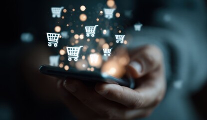 Hands holding a smartphone with shopping cart icons appearing