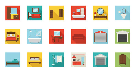 Flat design home furniture and bathroom icons set on colorful background