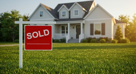 Red sold sign in front of a modern family house. Real estate market success concept. Property sale for housing investment.